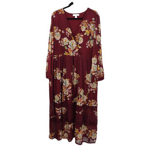 Boutique Plus 3x Floral Maxi Dress Womens V Neck Semi Sheer Long Sleeve Pleated